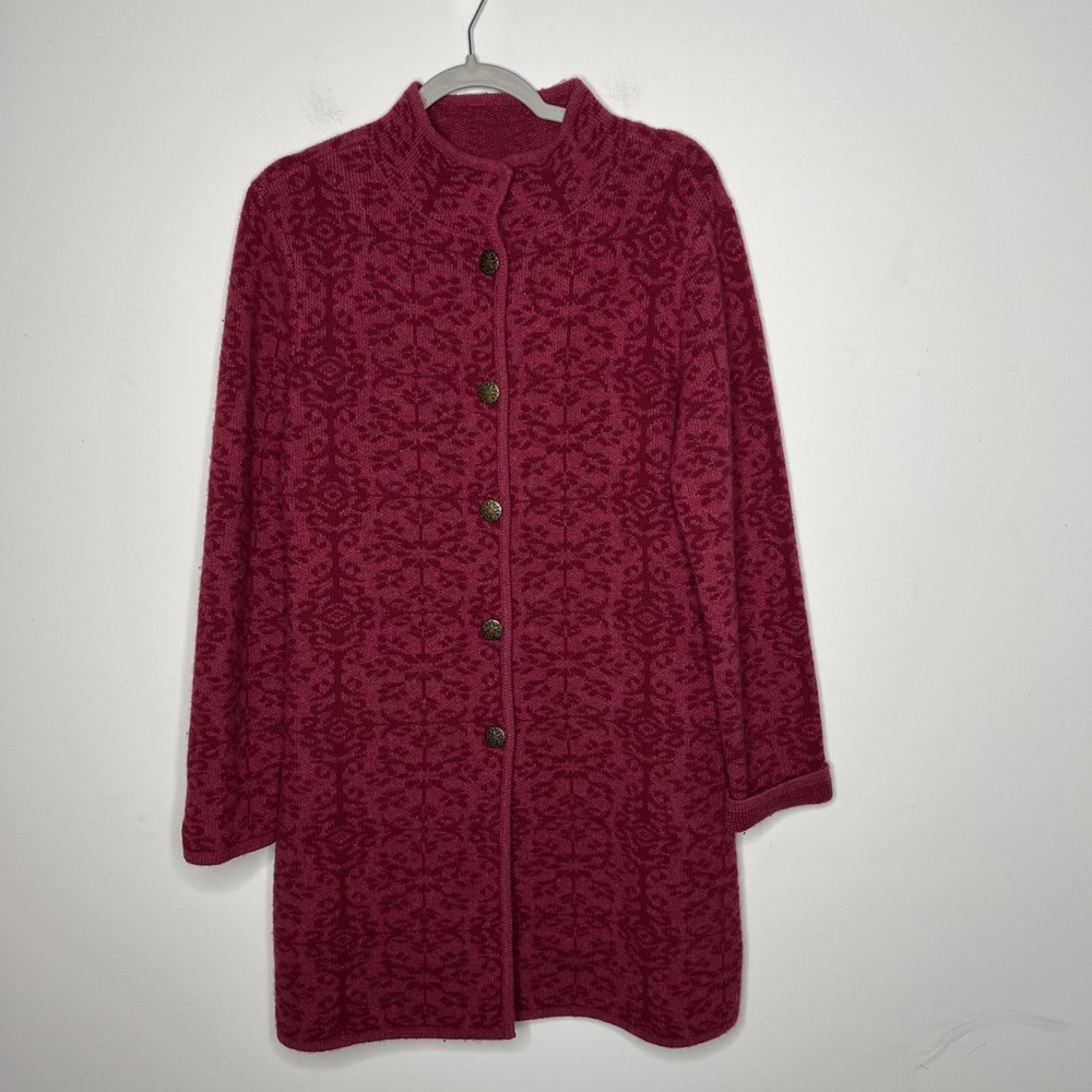 Sundance Sweater Coat Womens XS Pink Jacquard Lambswool Button Front Longline
